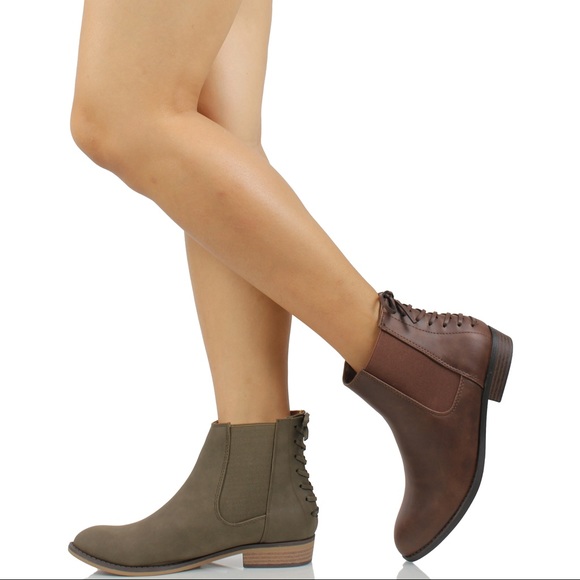 Dark Tan Chelsea Back Lace Up Low Heel Ankle Boot - Picture 4 of 4